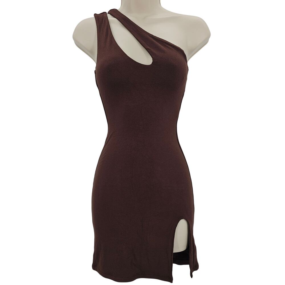 Naked Wardrobe Womans size XL The Side Eye One Shoulder Mini Dress Brown NWOT
